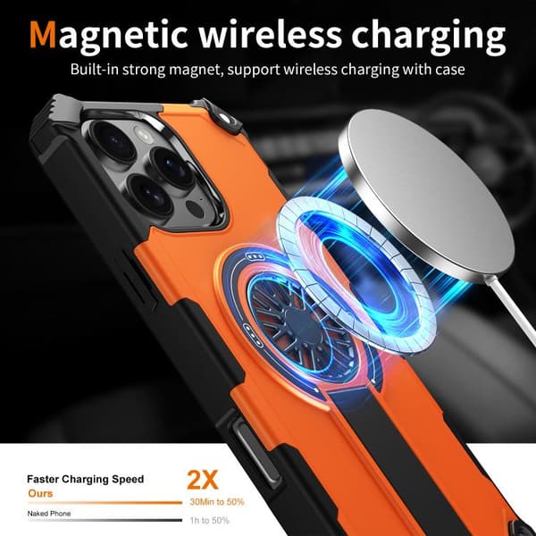 iPhone 16 Pro Shockproof Kickstand Metallic Shaft MagSafe Skal Orange