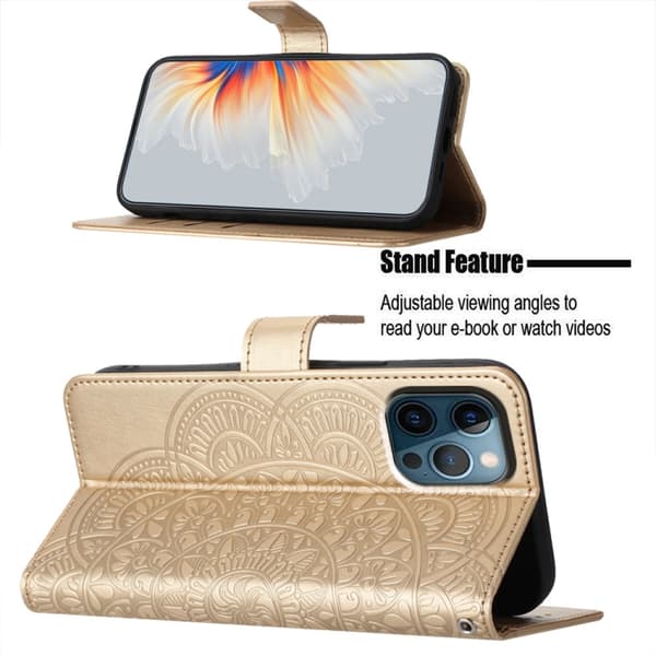 iPhone 16 Pro Max Blomsterpräglat Läderfodral - Elegant Skal för iPhone 16 Pro Max Guld
