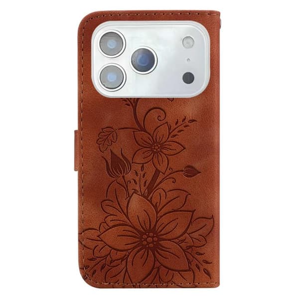 iPhone 18 Pro / iPhone 17 Pro Skal Läderfodral med Lily Prägling Brun
