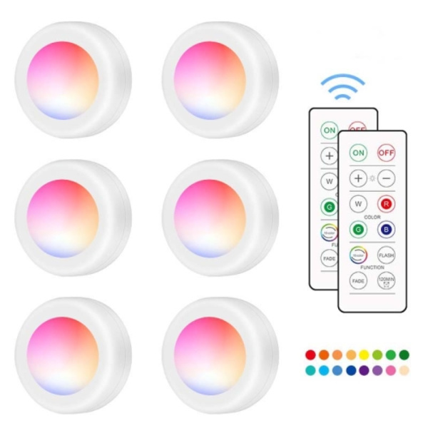 6 st / set 16 färger RGB LED nattlampa stroboskop atmosfär pat lampa fjärrkontroll skåplampa med 2 fjärrkontroller