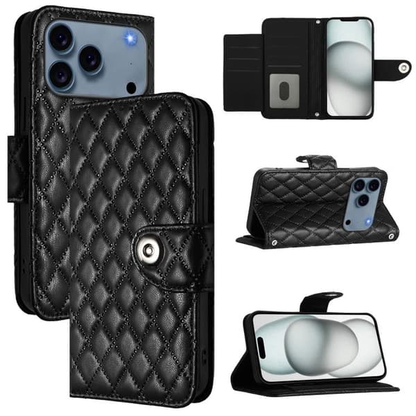 iPhone 18 Pro Max / iPhone 17 Pro Max Skal läderfodral med rhombisk textur och lanyard Svart