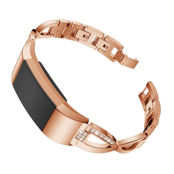 X-formad watch i massivt rostfritt stål med diamanter för Fitbit Charge 2 Rose Gold