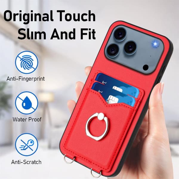 iPhone 17 Pro Skal med Korsa Rep Ring och Kortfack Röd