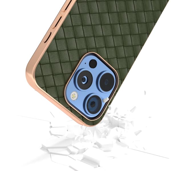 iPhone 16 Pro Max Skal med Elektropläterad Ram och Vävstruktur PU Grön