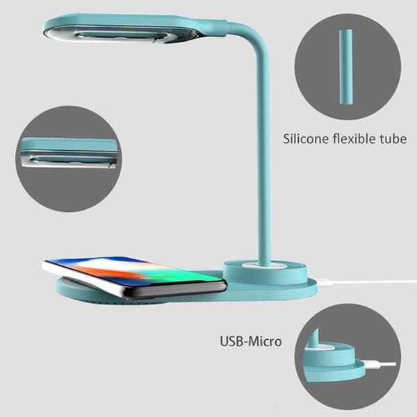 Multifunktionell USB LED-lampa Touch Light med Qi trådlös laddningsplatta (blå)