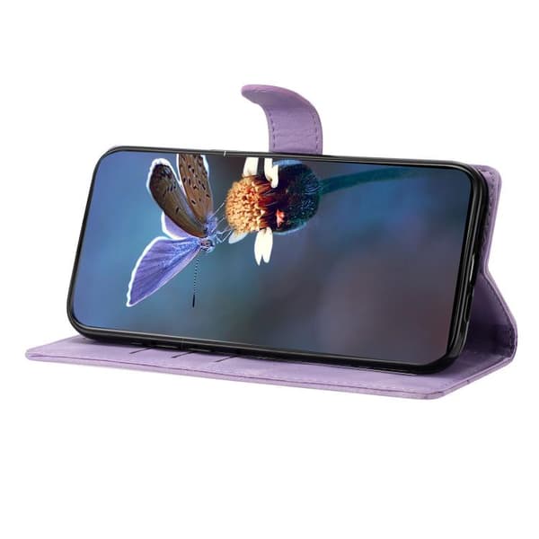 iPhone 18 Pro Max / iPhone 17 Pro Max Skal med Embossed PU och Körsbärsblomma Fjärilsmönster Purpur