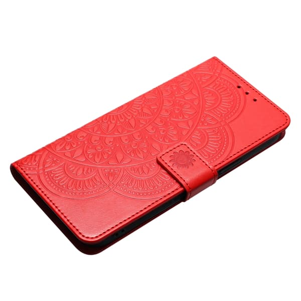 iPhone 16 Pro Max Blomsterpräglat Läderfodral - Elegant Skal för iPhone 16 Pro Max Röd
