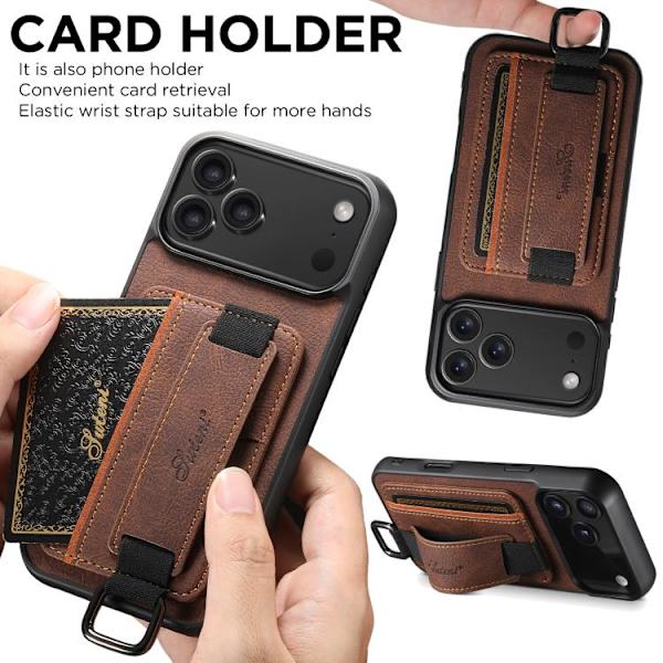 iPhone 17 Skal - Litchi-läder med handledsrem Brun