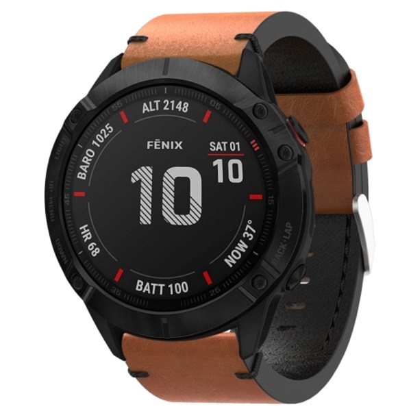 För Garmin Fenix ​​6X 26mm lädersutur stålspänne watch Brown