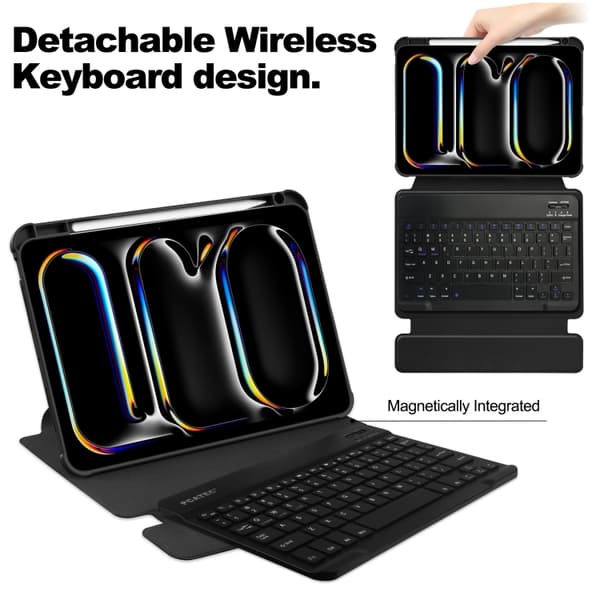 iPad Pro 13 2024 Transparent Rotationsfodral i Läder med Tangentbord Svart