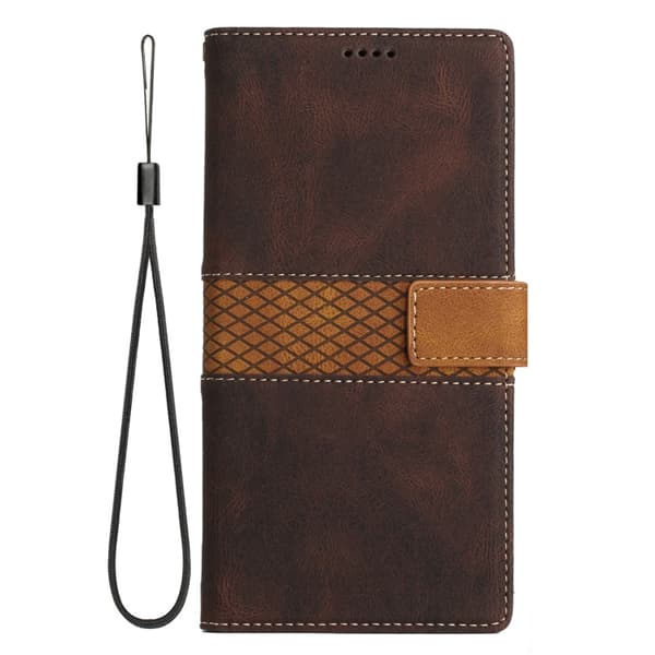 iPhone 16 Pro Max Skal Läder med Lanyard - Grid Stitching Design Brun