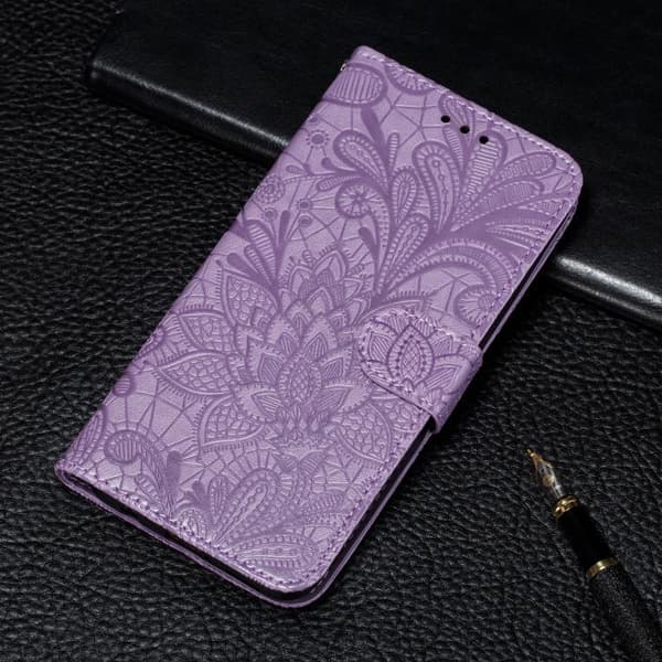 iPhone 18 Pro Max / iPhone 17 Pro Max Skal läderfodral med spetsblommor och präglad design Purpur