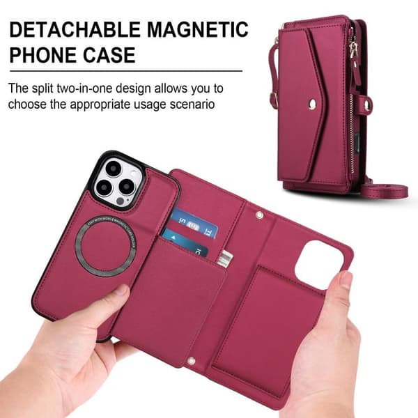 iPhone 16 Pro Multifunktionell Wallet Avtagbart Läder Skal med Lanyard Röd