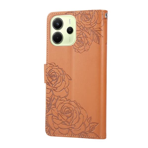 Redmi Note 14 4G - Läderfodral med Rosblommor och 3 Kortfack Brun