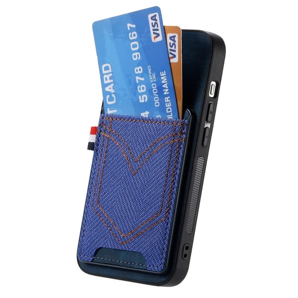 iPhone 16 Pro Denim Textur Fodral med Kortfack - Skal Läder Blå
