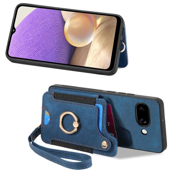 för Pixel 9a Skal med Retro Skin-känsla och Ring Multi-kortfack Blå