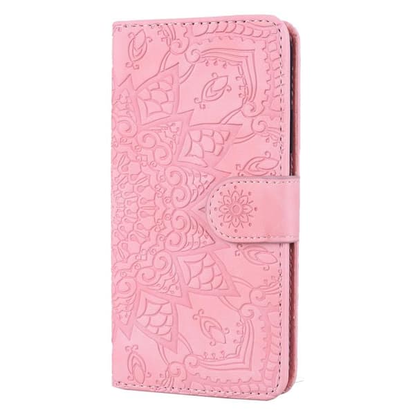 iPhone 18 Pro Max / iPhone 17 Pro Max Skal läderfodral - mandala präglad dubbelvikning av kalvskinn Rosa