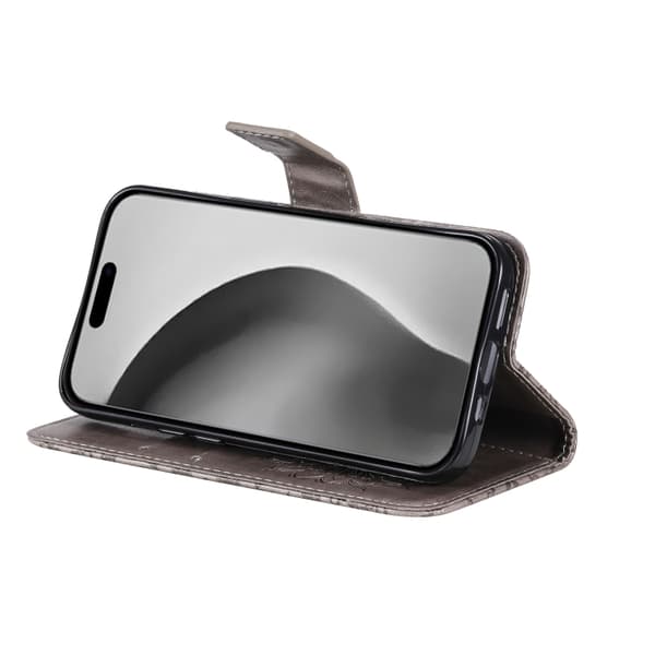 iPhone 16 Pro Skal med Präglad Solrosmönster - Elegant Läderfodral Grå