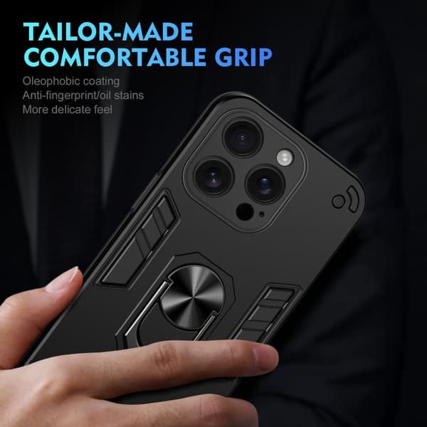 iPhone 16 Pro Shockproof Metallringhållare Skal Svart