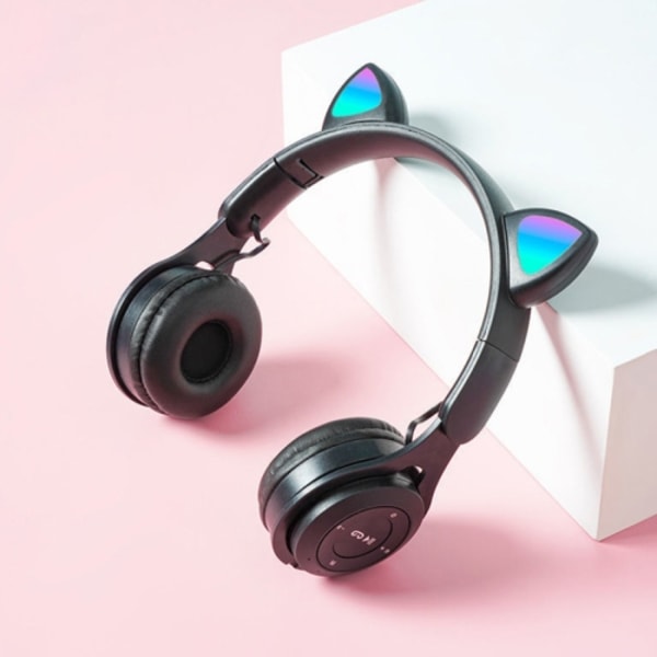 M6 Lysande Kattöron Enfärgad Fällbar Bluetooth Headset med 3,5 mm Jack & TF-kortplats Svart