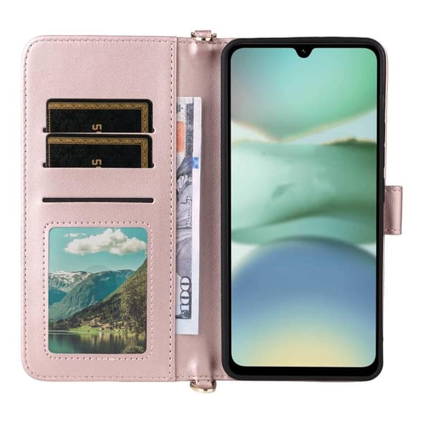 Redmi A5 4G - Multifunktionell läderfodral med 6 kortfack och handledsrem, Rosa