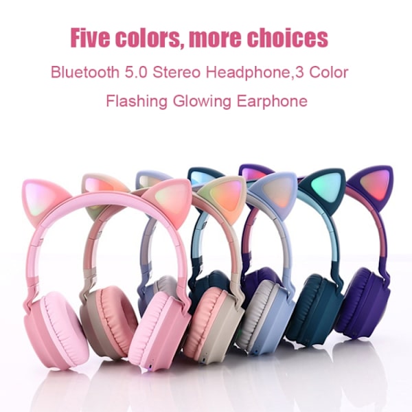 BT028C Söta Kattöron Bluetooth 5.0 Hörlurar Vikbara On-Ear Stereo Trådlöst Headset Hörlurar med Mikrofon / LED-ljus / FM-radio / TF-kort Blå