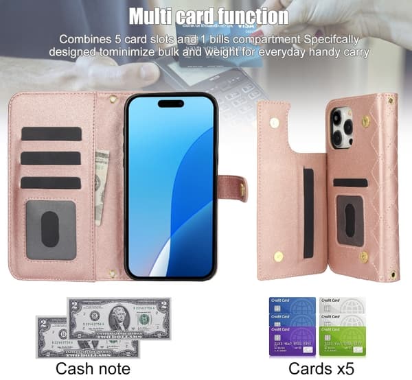 iPhone 16 Pro Skal Rhombisk Multifunktionellt Läderfodral Roséguld