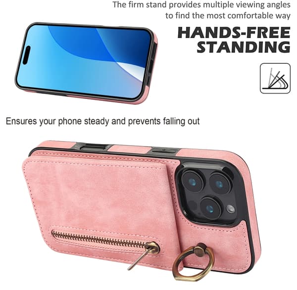 iPhone 16 Pro Retro Ring och Zipper RFID Kortfack Skal Rosa