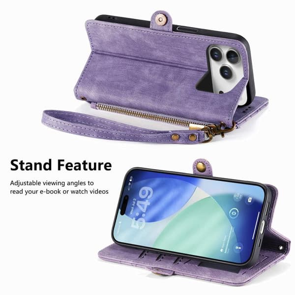iPhone 18 Pro Max / iPhone 17 Pro Max Skal läderfodral med geometrisk dragkedja och sidobuckle Purpur