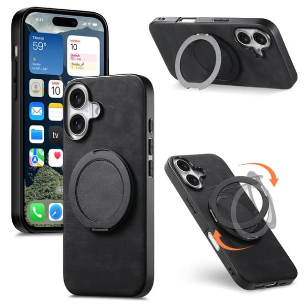 iPhone 17 Retro Läder Rotations Rund Skal Svart