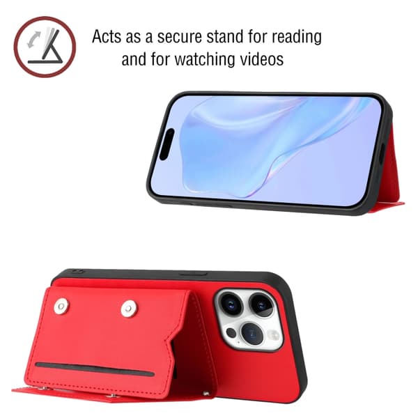 iPhone 16 Pro Skal med Fyra Kortfack och Handledsrem Röd