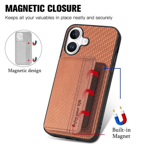 iPhone 17 Skal - Kolfiber med Magnetisk Kortplånbok och RFID-skydd Brun