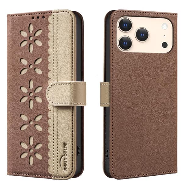 iPhone 18 Pro / iPhone 17 Pro Skal läderfodral med Splicing Färg Hålblommönster Brun