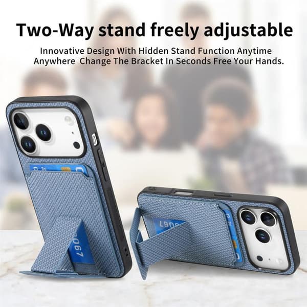 iPhone 18 Pro Max / iPhone 17 Pro Max Skal - Kolfiber med Kortficka och Fällbart Ställ Blå