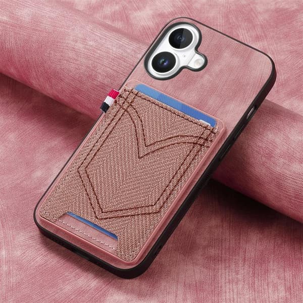 iPhone 17 Skal - Denim Textur med Kortfack Rosa
