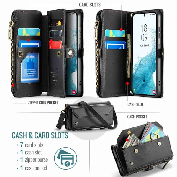 Samsung Galaxy S22 5G Skal CaseMe C36 med kortfack, dragkedja, RFID-skydd, läder Svart