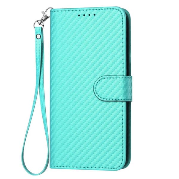 iPhone 17 Pro Max Skal läderfodral - kolfiber med lanyard Ljusblå