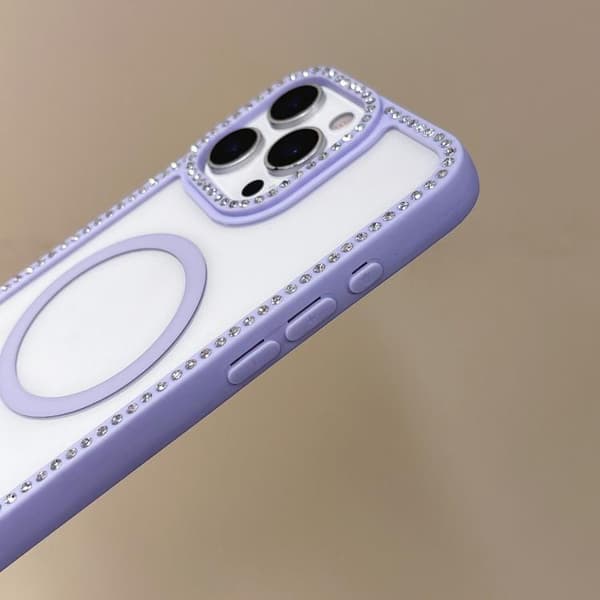 iPhone 16 Pro Rhinestone Ram med Stort Lins Hål och MagSafe - Elegant Skal Blå
