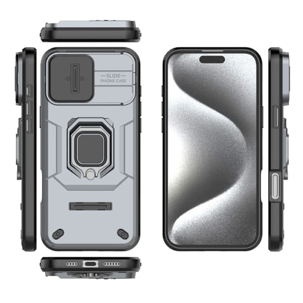 iPhone 16 Pro Max Skal med Sliding Camshield TPU + PC Stöttålig Telefonfodral med Hållare Grå
