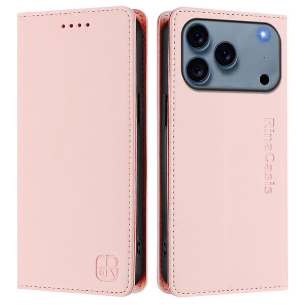 iPhone 18 Pro Max / iPhone 17 Pro Max Skal läderfodral med dubbelvikts magnetisk sug och RFID Rosa