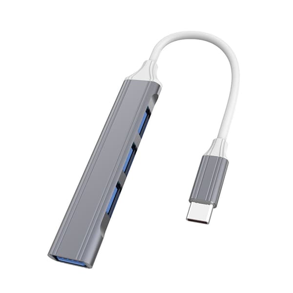 4-in-1 Mini Multifunktionell Dockning - Typ-C/USB-C 3.0 (Grå) - Aluminiumlegering, 4 USB-portar, Stabil och Snabb Överföring
