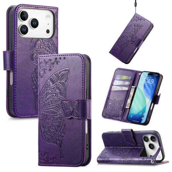 iPhone 18 Pro Max / iPhone 17 Pro Max Skal läderfodral med fjäril och blomma - relief Purpur