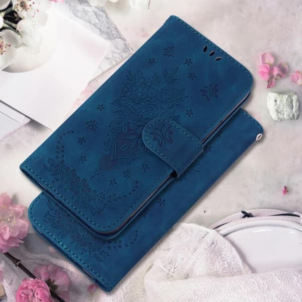 iPhone 18 Pro / iPhone 17 Pro Skal Läderfodral med Embossed Butterfly Rose Blå