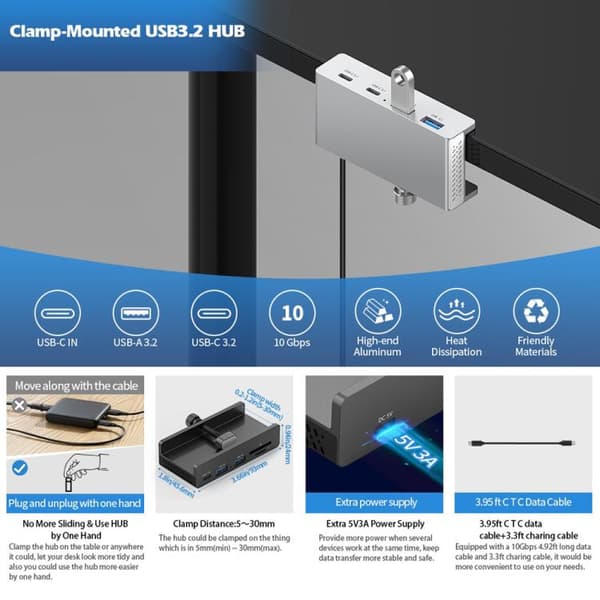 HCL-2A1CTS-Pro Aluminiumlegering 5-port USB3.0 Klämhub (Svart) - Stöd för Mac, Windows, Android