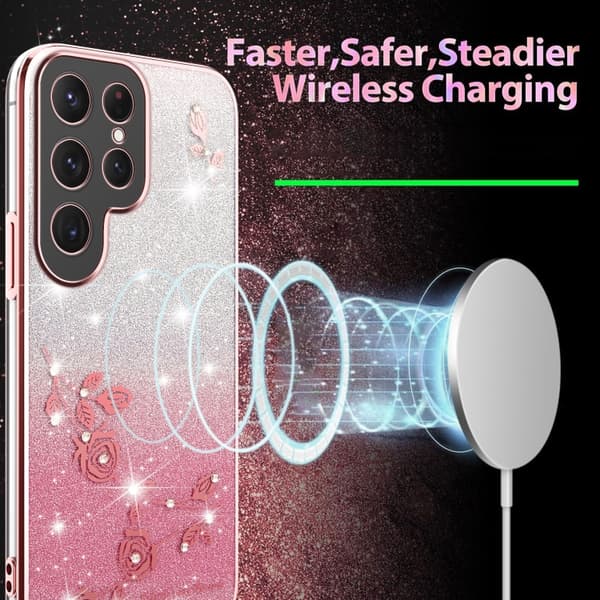 Samsung Galaxy S25 5G Skal med Gradient Glittrande Blommor Rosa