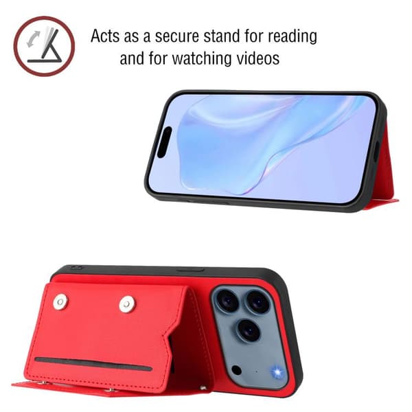 iPhone 18 Pro / iPhone 17 Pro Skal med Fyra Kortfack och Handledsrem Röd