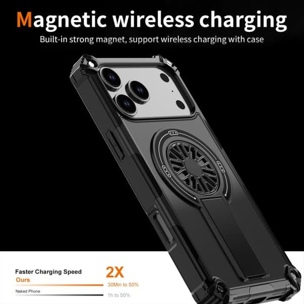 iPhone 18 Pro Max / iPhone 17 Pro Max Shockproof Kickstand Metallic Shaft MagSafe Skal Svart