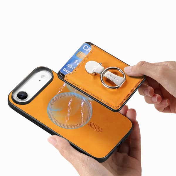 iPhone 17 Air Skal med Retro Fällbart Ringhållare och Kortfack MagSafe Gul