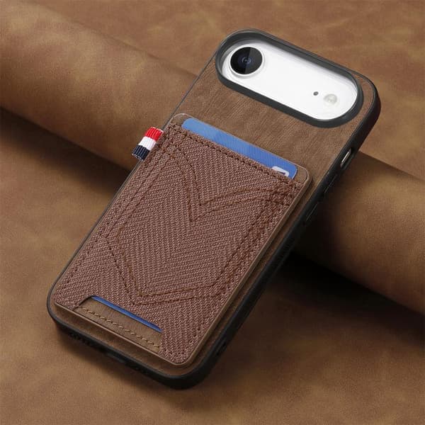 iPhone 17 Air Skal - Denim Textur Läder med Kortfack Brun