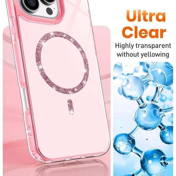 iPhone 16 Pro Transparent MagSafe Glittrande Pulver Akryl Skal Rosa